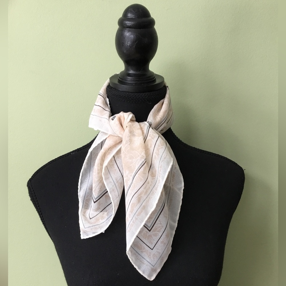Vintage Made In Italy Square Poly Floral Striped Cream Scarf